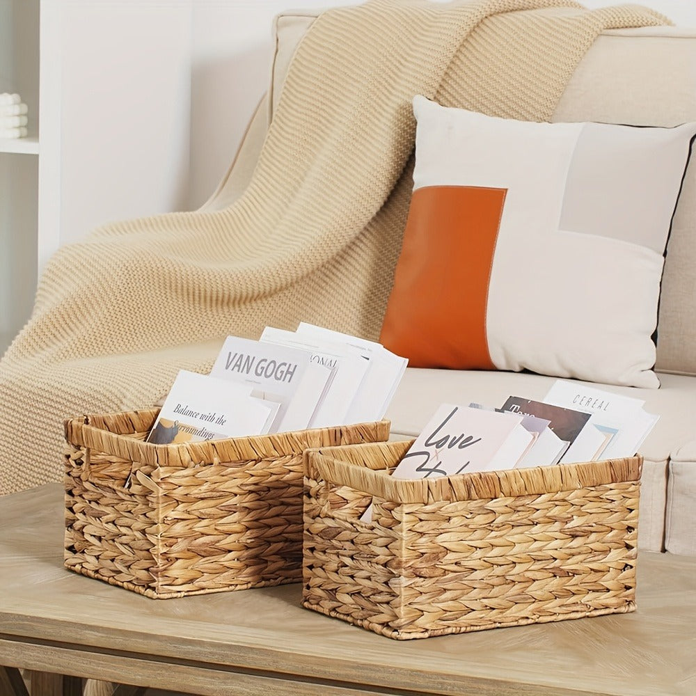 Wicker Storage Basket with Built-in Handle, Natural Rattan Boho Stackable Shelf Organizer Bin for Bathroom Bedroom Living Room Kitchen Closet Home Decor