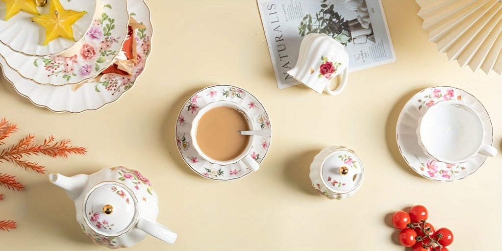Porcelain Tea Set Service for 6 British Royal Floral Design with Teapot Sugar Bowl Cream Pitcher Teaspoons Tea Strainer 8oz Cups Saucers for High Tea Wedding Party Gift