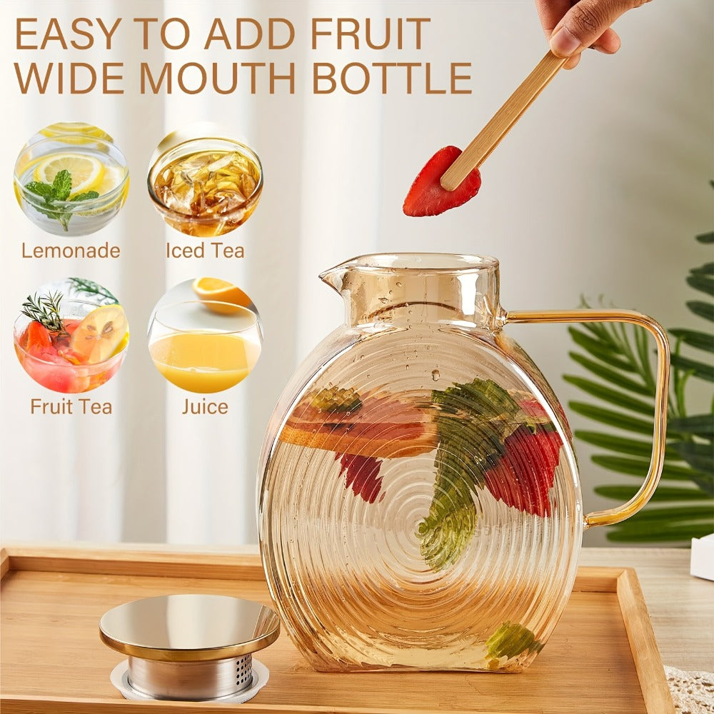 Borosilicate Glass Pitcher with Lid for Fridge, 2.5L/84oz Large Iced Tea Pitcher with Handle, Water Jug for Sun Tea, Lemonade, Fruit Juice, Cold & Hot Beverages, Golden & Grey