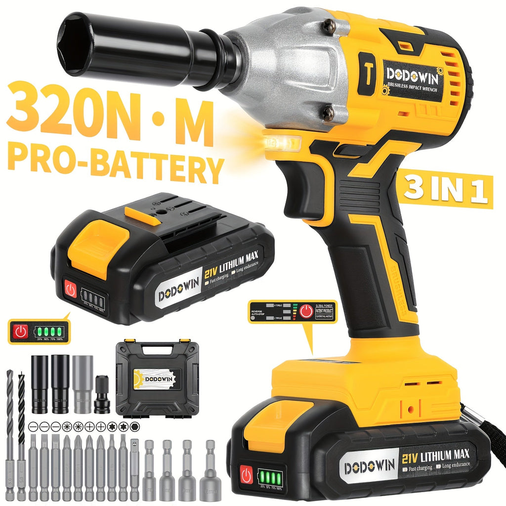 High Torque Impact Wrench Kit 320NM / 1000NM Brushless Cordless ¨C 21V with 2.0AH / 4.0AH Batteries, Quick Charger, 6 Sockets & Full Accessories, Electric Impact Gun for Car Repair, Auto Mechanic & Home Use