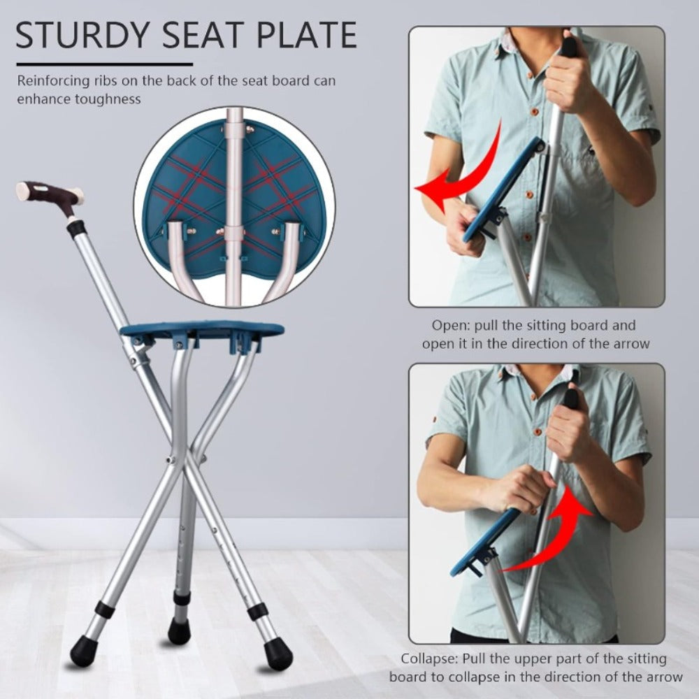 Folding Cane with Seat 440 lbs Capacity, LED Light Telescopic Walking Stick with Height Adjustment & Frosted Handle, Portable Foldable Cane Stool for Seniors Adults
