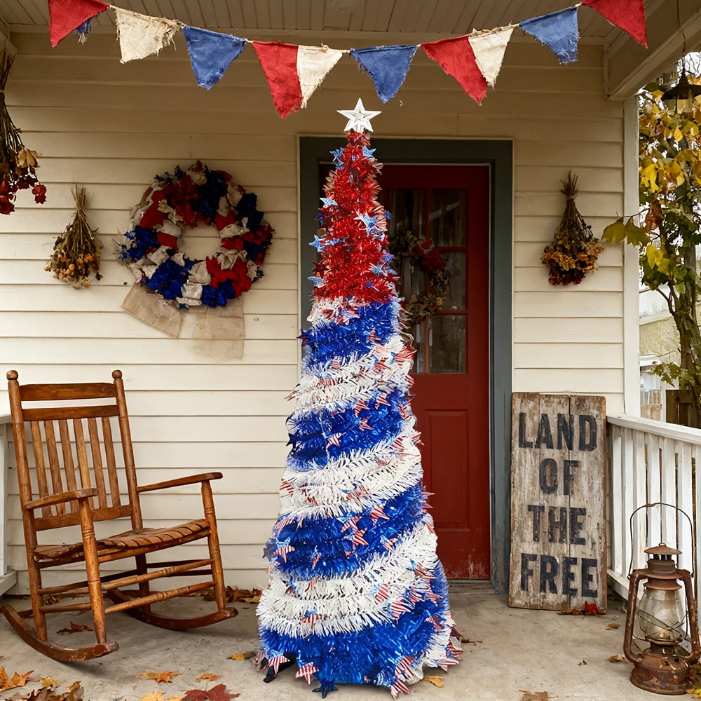4th of July Patriotic Decoration Tree 5ft ¨C Foldable LED Light String with Red White Blue Stars & Stripes, Independence Day Party Decor, Patriotic Theme Display Tree, Summer Holiday Gift