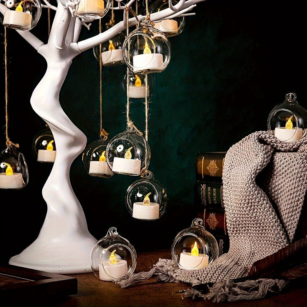 Hanging Glass Ball Candle Holders Set for Wedding Party Christmas Tree Decoration - Clear Glass Tea Light Holders with Hanging Design, Fillable Ornament Balls for Home Decor