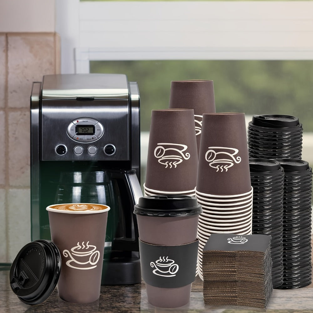 Disposable Paper Coffee Cups 50 Pack 16oz with Lids Sleeves Stirrers Hot Cold Beverage Cup for Coffee Tea Juice Home Office Cafe
