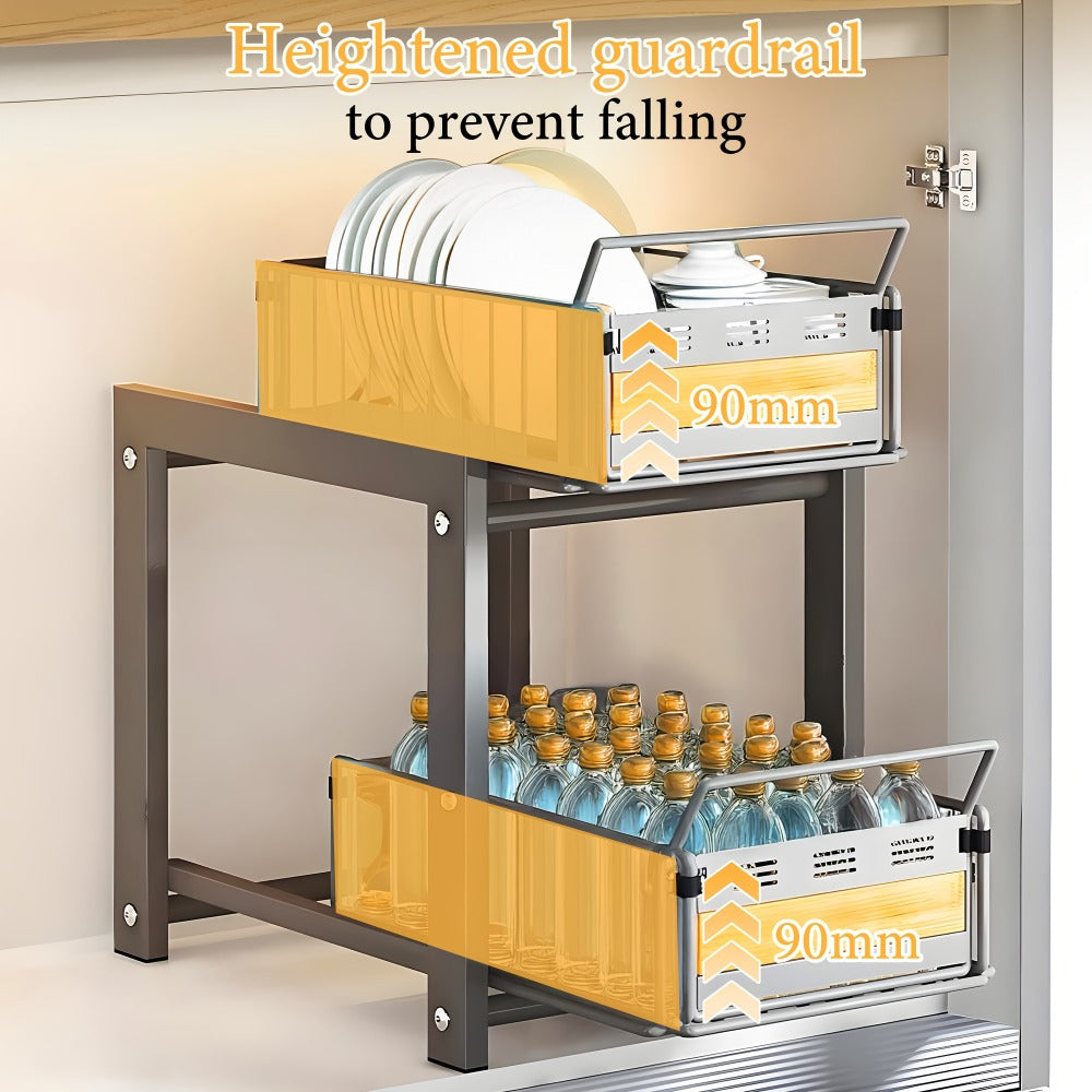 Under Sink Organizer Pull-Out Storage Rack - 2-Tier Carbon Steel Cabinet Shelf with Wire Baskets & Wood Accents, Space-Saving Kitchen Organizer for Dishes, Cleaning Supplies, Pantry, Bathroom