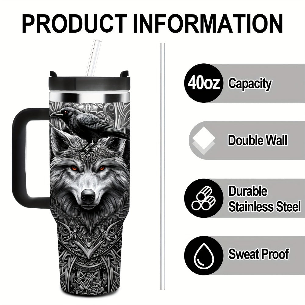 40oz Viking Tumbler with Handle - Wolf Raven Norse Mythology Celtic Knot Stainless Steel Insulated Travel Mug, Viking Gift for Men Women, Coffee Mug for Viking Lovers, Norse Mythology Gift