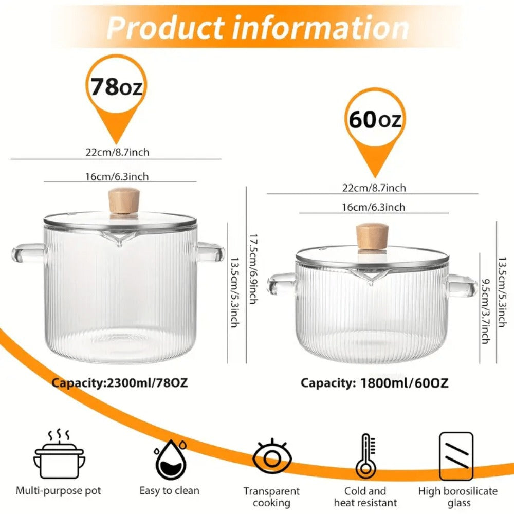 Borosilicate Glass Pot with Lid, Stovetop & Induction Safe, Dishwasher Safe, Heat-Resistant Glass Cookware for Soups, Milk, Baby Food & Noodles, Small 60.87oz & Large 77.77oz, Home & Restaurant