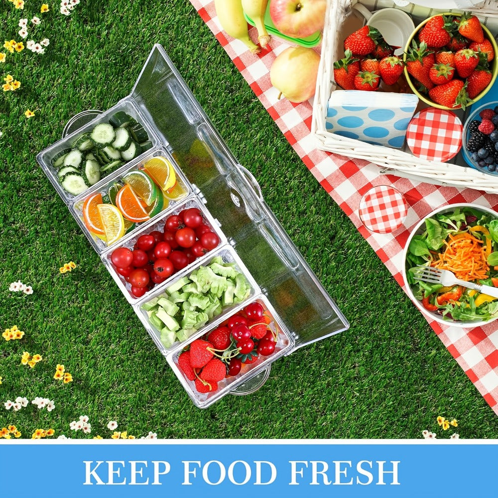 Condiment Caddy with Lid 5 Compartments Clear Serving Tray Bar Fruit Caddy Ice Tray Party Toppings Container Garnish Station