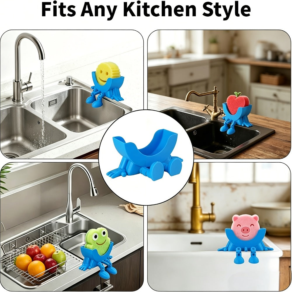 Sponge Holder for Kitchen Sink, 2-Pack Self-Adhesive Sponge Caddy with Drainage, No-Drill Wall Mount or Countertop Organizer Rack for Dishcloth Scrubber, 3D Printed Black and Green Kitchen Accessories