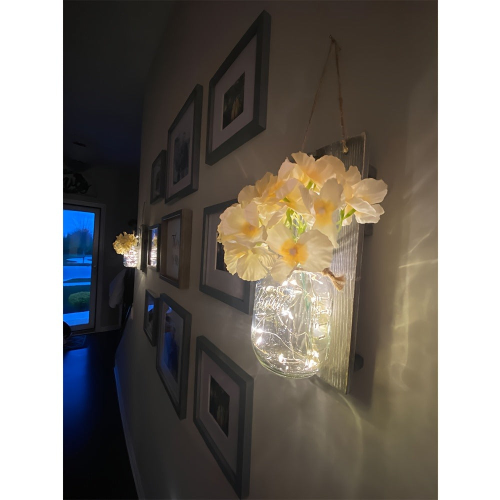 Mason Jar Wall Sconces Set of 2 - Rustic Farmhouse Wall Decor with Ivory Hydrangea Flowers, Warm White Light Fixture for Living Room Bedroom Kitchen Bathroom