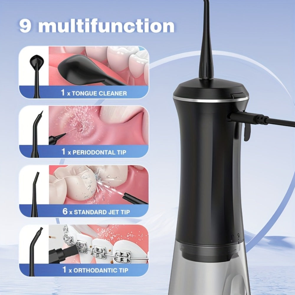 Water Flosser Electric Oral Irrigator 9 Replaceable Nozzles 350mL Tank 20-Day Battery 360¡ã Rotatable Tip Intelligent Pressure Control Deep Teeth Gum Cleaning