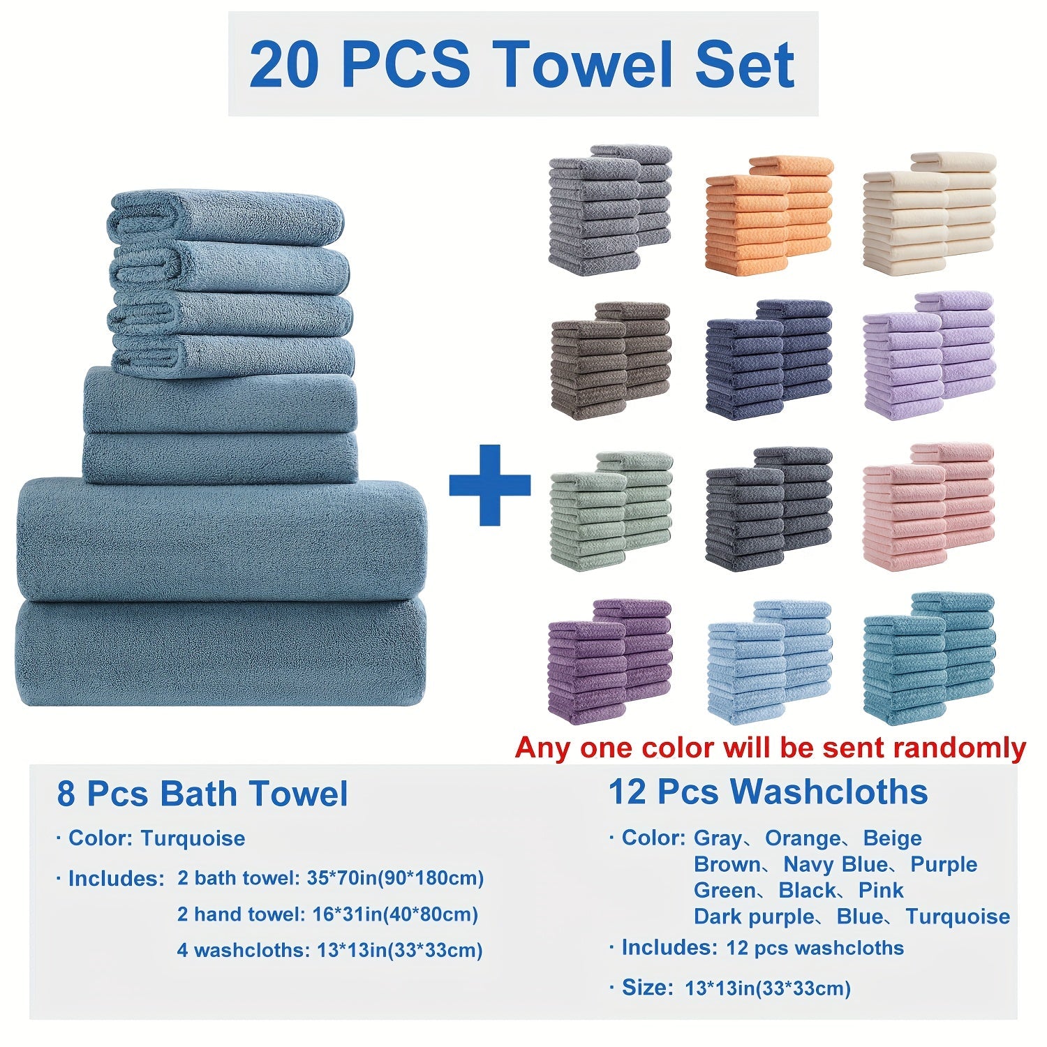 Bath Towel Set 20 Piece 100% Microfiber Absorbent Quick Dry Soft Extra Large Bath Sheets 8 Bath Towels 12 Washcloths Home Bathroom Spa Gift White Beige Gray Blue Green Purple