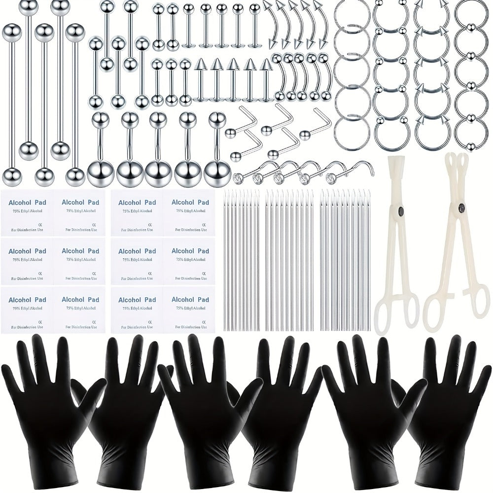 Professional Piercing Kit 120pcs ¨C Complete Body Piercing Set with Stainless Steel Needles, Clamps, Gloves & Jewelry for Ear, Nose, Septum, Belly Button, Lip & Tongue