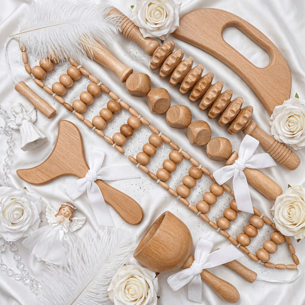 Wooden Massage Tool Set 6pcs Manual Facial Massager Kit with Wood Rollers Pointed Bead Textured Heads for Face Neck Full Body Relaxation Stress Relief Wellness Spa Gift for Women Men