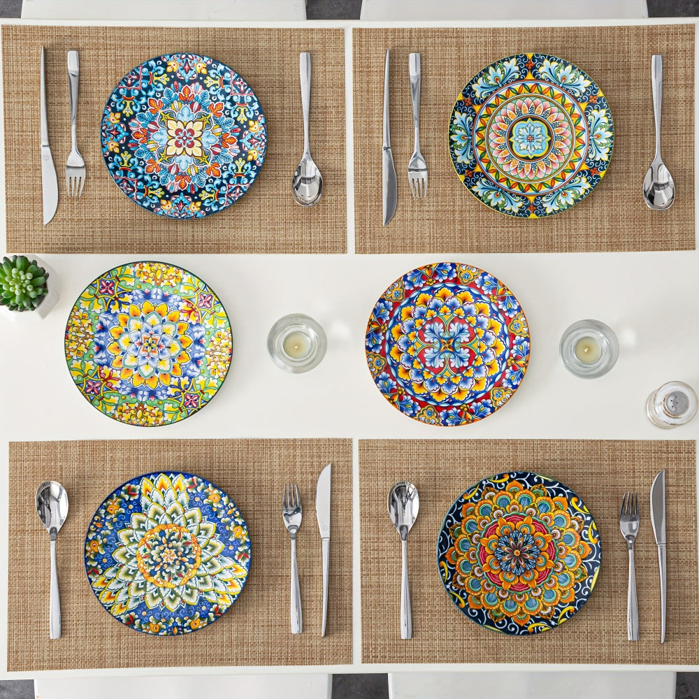 Bohemian Ceramic Dessert Plate Set of 6 - 8.5 Inch Colorful Abstract Pattern Dinnerware, Lead-Free Glazed Porcelain Plates, Dishwasher & Microwave Safe, Boho Home Decor Gift for Kitchen Dining Table
