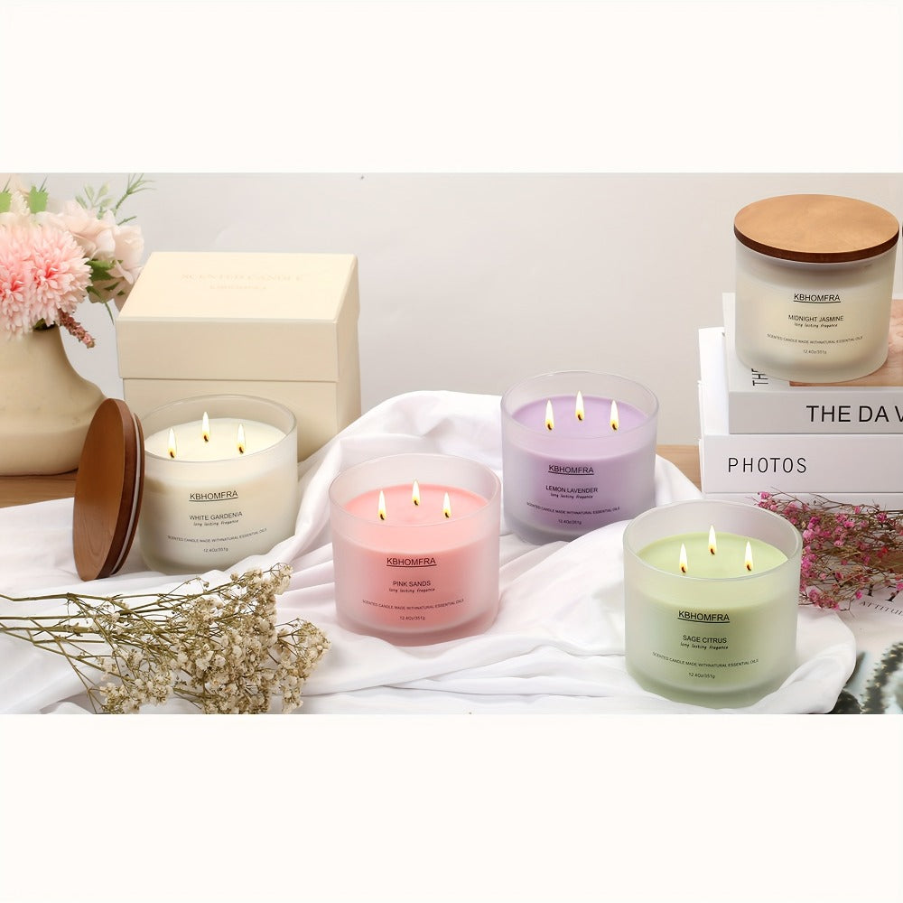 Scented Candles 3-Wick Large Soy Wax Candle 12.4oz - 70 Hour Burn Time, Natural Soy Blend & Beeswax, Luxury Gift Box, 6 Scents: Vanilla Coconut, Lemon Lavender, Jasmine, Citrus Sage, Pink Sands, Gardenia