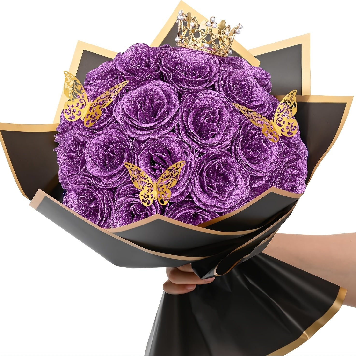 Glitter Roses Bouquet 24/36pcs - Everlasting Artificial Roses with Sparkling Glitter Petals for Valentine's Day, Wedding & Anniversary