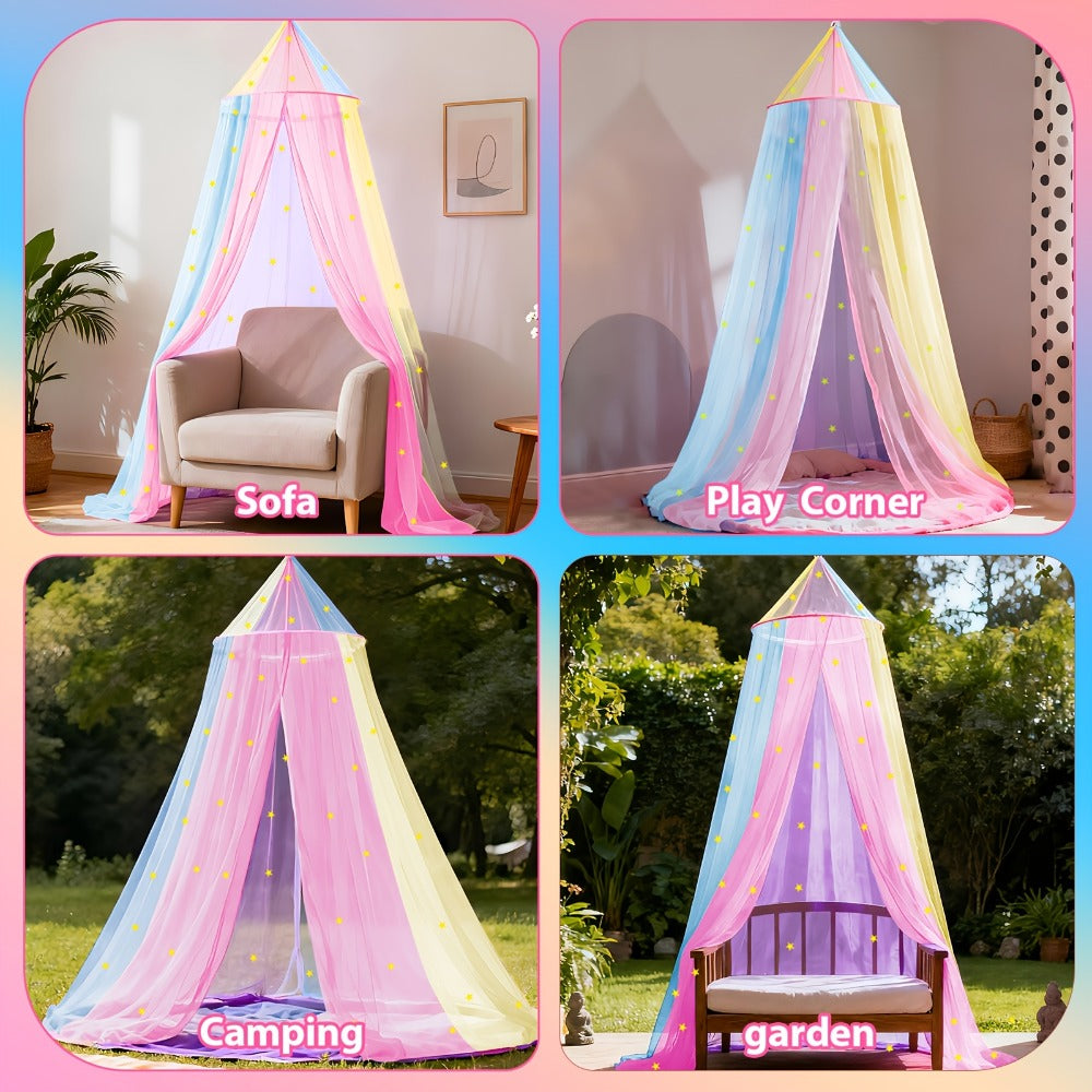 Bed Canopy for Girls Princess Rainbow Glow in the Dark Stars Colorful Canopy Curtain Fits Single Full Queen Size Bed Kids Room Decor Ceiling Tent Netting Machine Washable