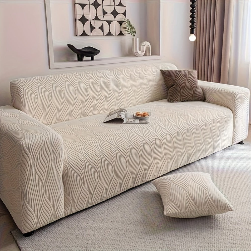 Polar Fleece Sofa Cover Modern Jacquard Elastic Slip-Resistant All Season Furniture Protector for Living Room Office Bedroom - 1 2 3 4 Seater with Free Matching Pillowcase