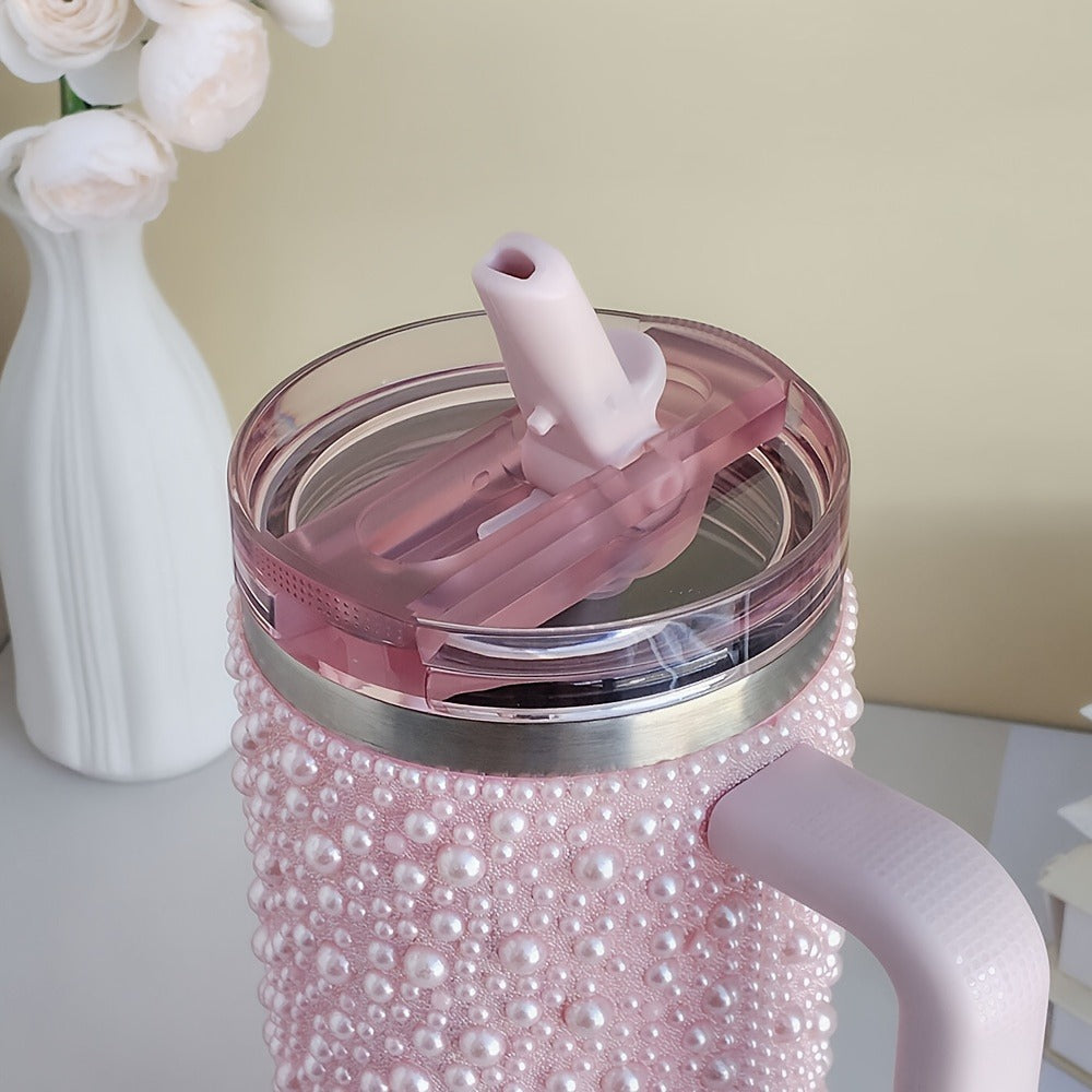 40oz Rhinestone Tumbler with Handle and Straw ¨C Stainless Steel Double Wall Insulated Cup | Pearl Glitter Travel Mug for Sublimation Outdoor Sports Camping Holiday Gift