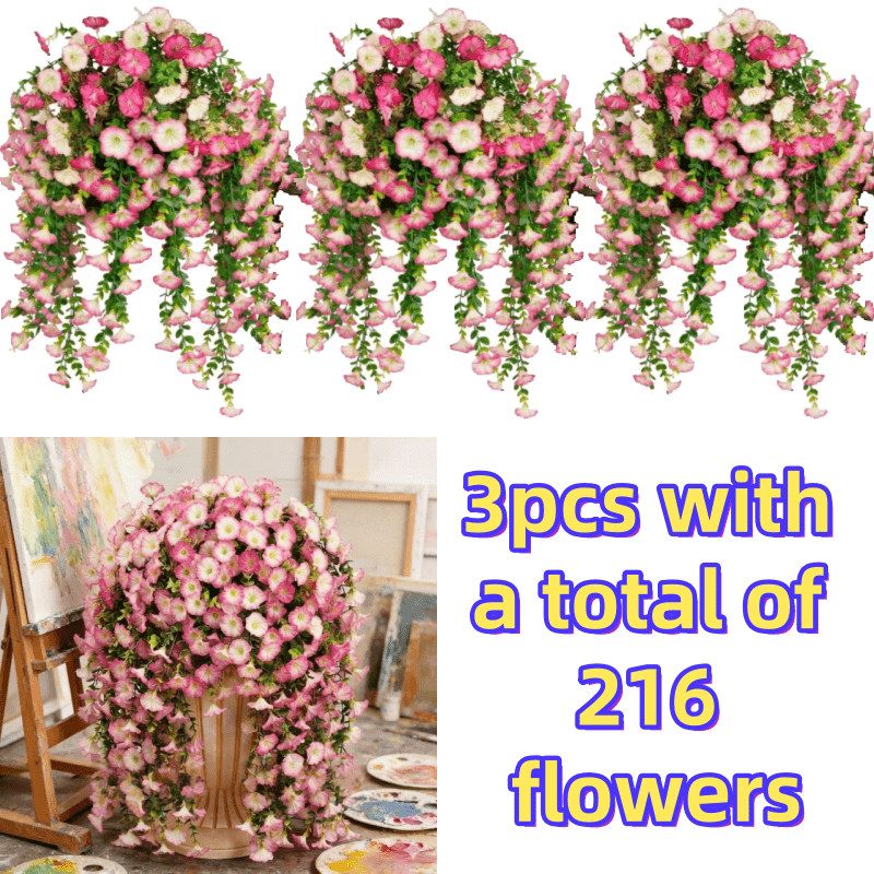 Artificial Rose Vine Hanging Garland 3pcs 216 Flowers - High-Density UV-Resistant Faux Rose Flower Vines with Realistic Roses & Foliage for Garden, Wedding, Porch, Terrace & Wall Decor, Multiple Colors