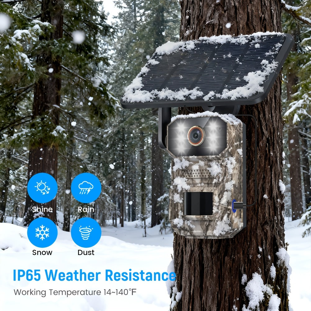 4G LTE Cellular Trail Camera with Solar Panel ¨C 4K Wildlife Monitoring Camera, PIR Motion Sensor, Infrared Night Vision, Two-Way Voice, Remote Access, No WiFi Required, for Hunting & Security (Camo/Brown)