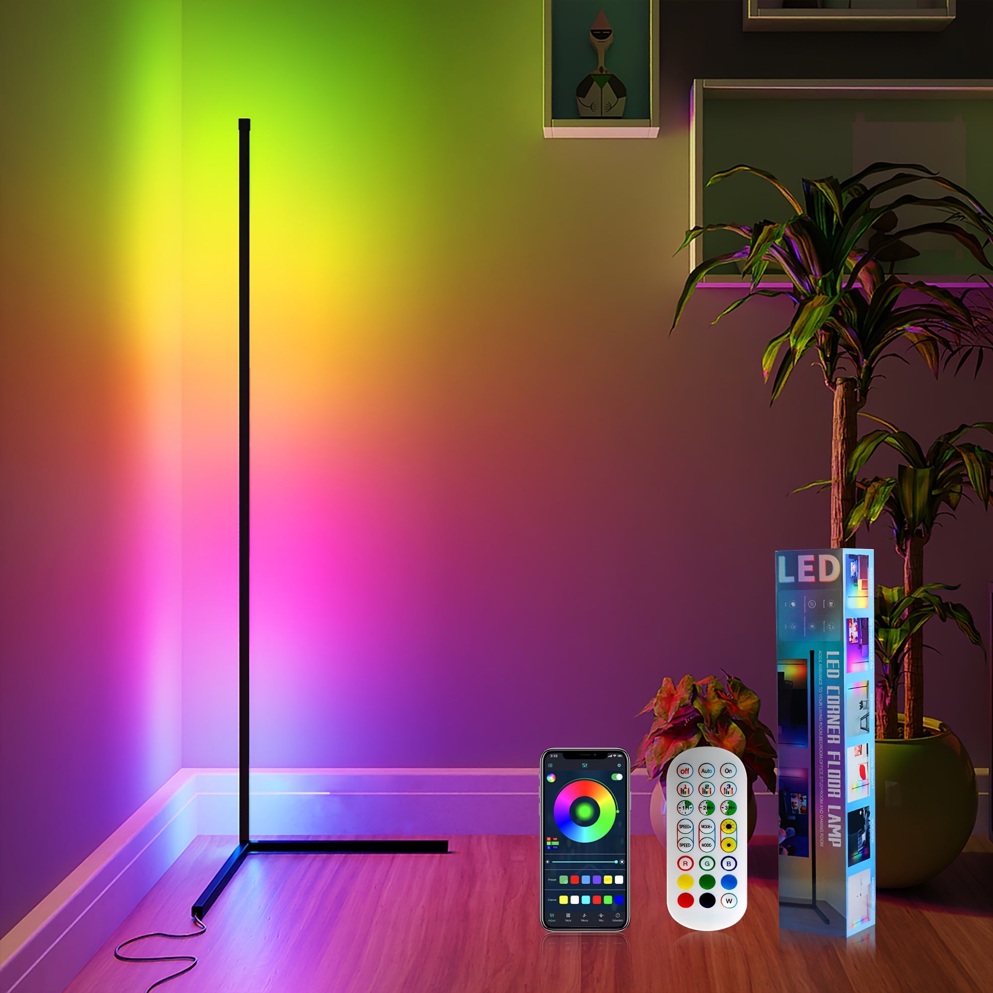 RGB Corner Floor Lamp 16 Million Color Changing LED Smart Light - 56 Inch Adjustable Height, APP & Remote Control, Music Sync, USB Powered Modern Standing Lamp for Game Room Living Room Bedroom Party Decor
