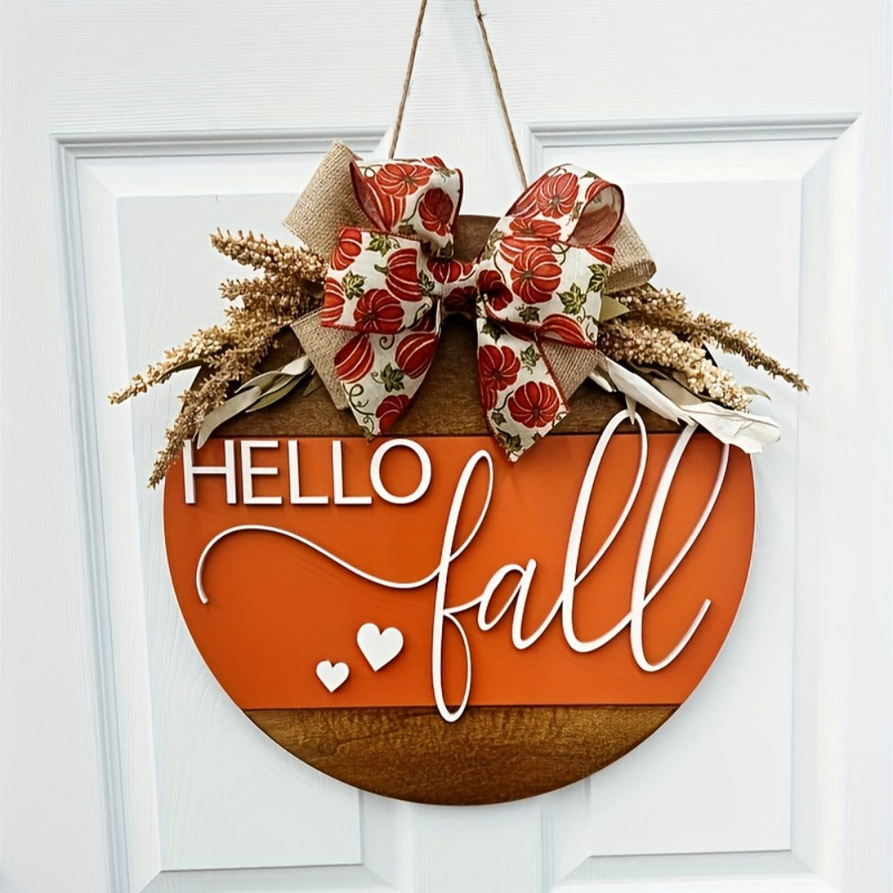 Hello Fall 3D Door Hanger ¨C Autumn Harvest Pumpkin Wheat Bow Fall Wreath Door Sign Seasonal Home Decor