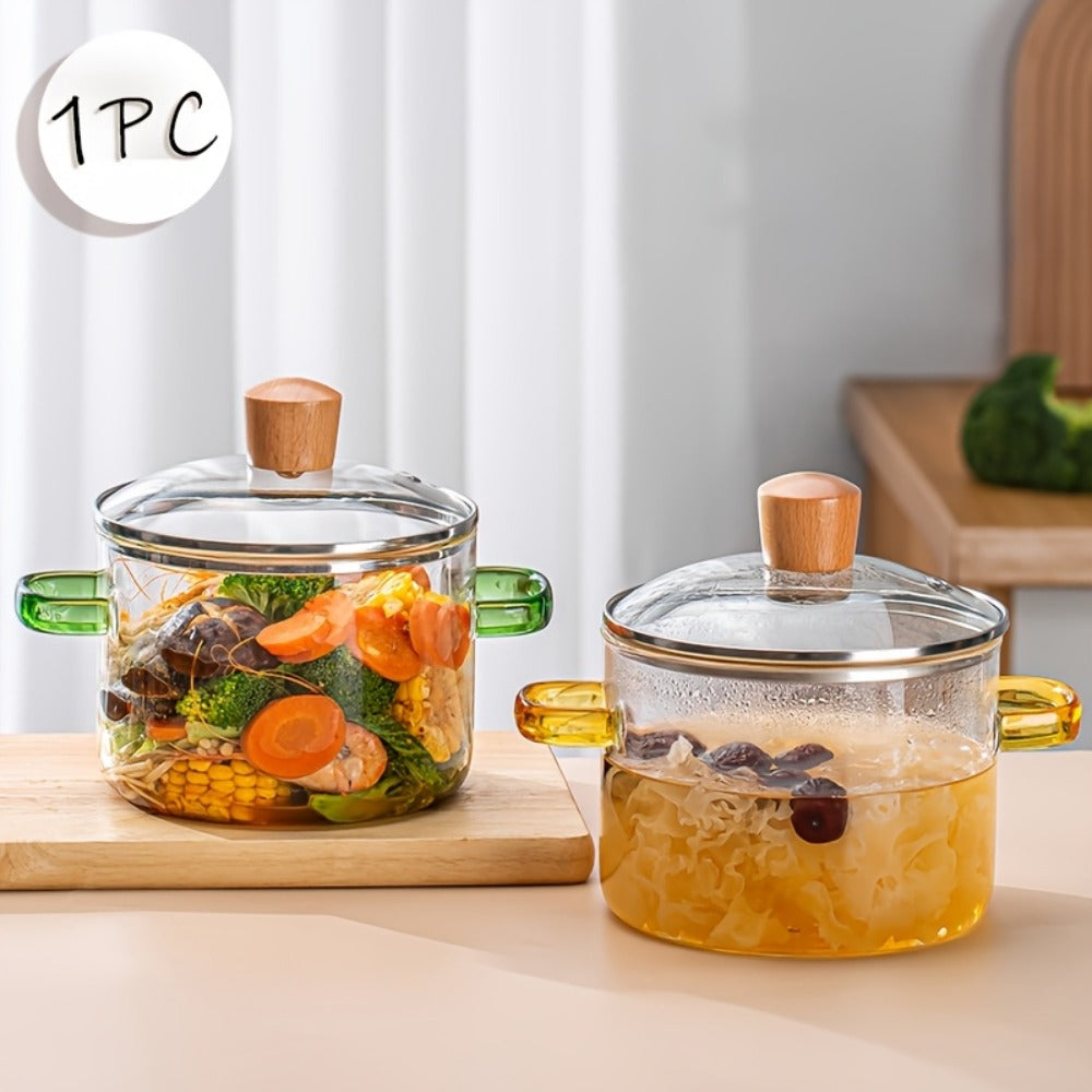 Glass Cooking Pot 54oz 1600ml Borosilicate Heat-Resistant with Lid ¨C Transparent Dumpling & Ramen Pot for Stove & Oven | Odorless Easy-Clean Soup Milk Pot with Green or Yellow Stainless Steel Handle