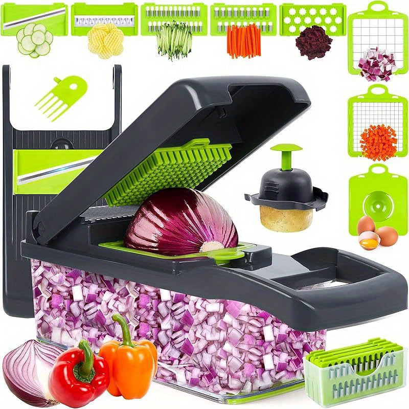 Vegetable Chopper 16-in-1 Manual Food Chopper Set ¨C 8 Interchangeable Blades with Container, Grater & Strainer ¨C Professional Onion Slicer & Dicer for Carrots, Garlic & Salad Kitchen Prep