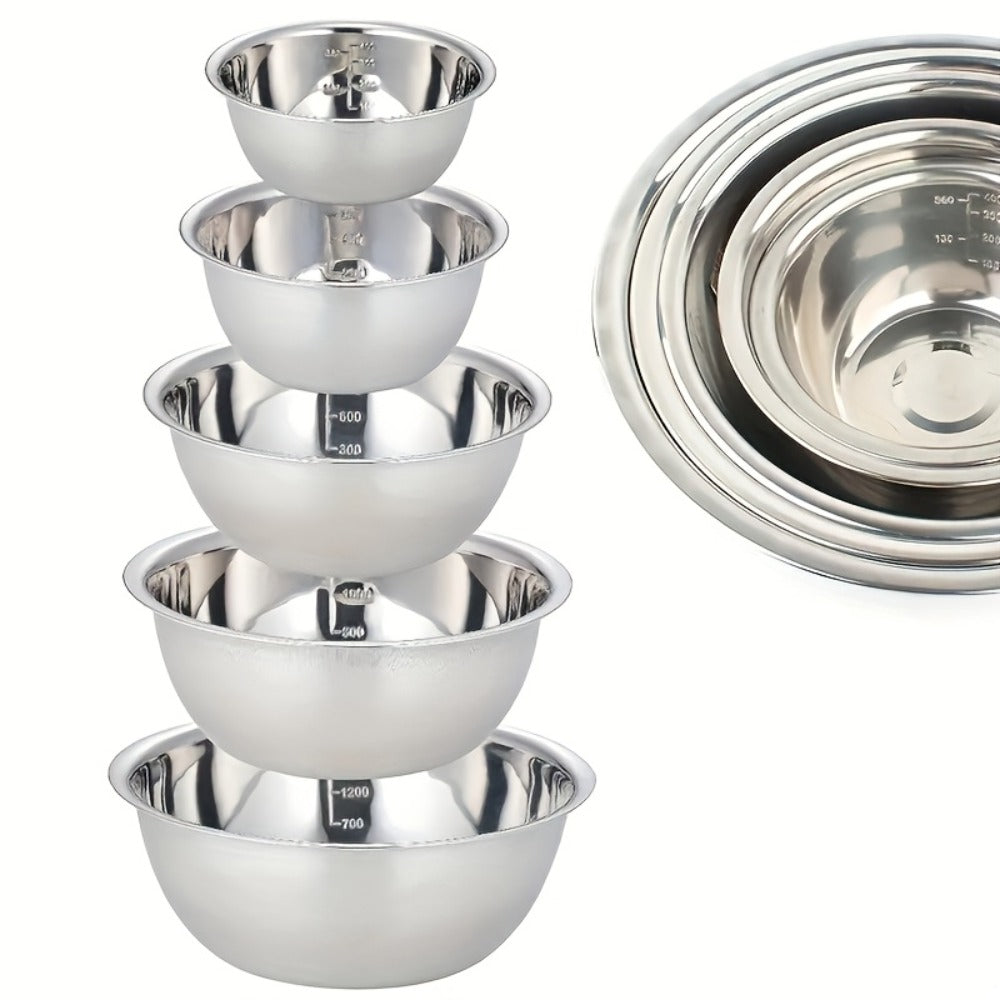 Stainless Steel Mixing Bowl Set 5-Pack with Measurement Markings for Kitchen Cooking Baking Salad Vegetable Washing Fruit Serving & Meal Prep ¨C Stackable Nesting Bowls