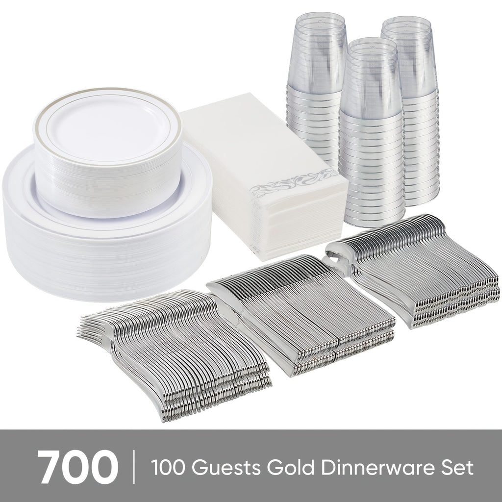 Disposable Party Dinnerware Set 350 700 Pieces Gold Silver Plastic Plates Salad Plates Cutlery Cups Napkins for 50 100 Guests Wedding Birthday Graduation Party