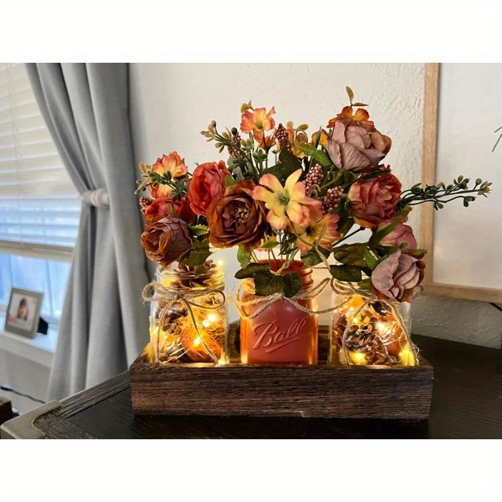 Mason Jar Centerpiece Table Decorations with Wood Tray & LED Lights ¨C 3-Piece Farmhouse Decor Set for Dining Room, Kitchen, Living Room & Bathroom | Holiday Home Decor Gift
