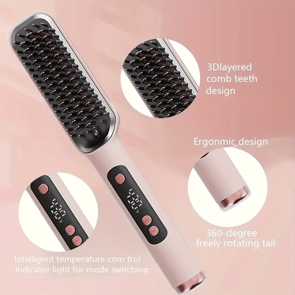 Hair Straightening Brush | 30-60 Sec Fast Heating | 3 Temperature Settings | Wide-Spaced Smooth Glide Teeth | Tangle-Free Anti-Winding Anti-Damage | Professional Hair Straightener Comb Gift for Women