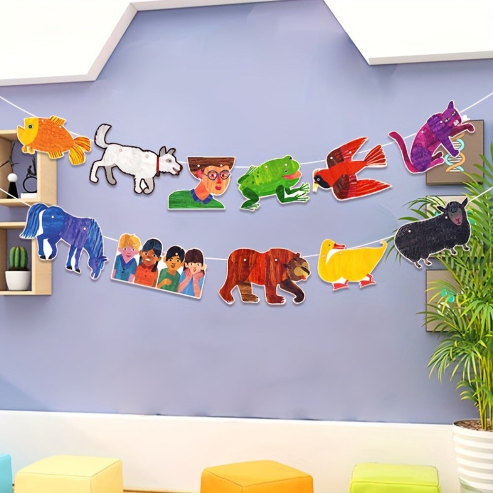 Brown Bear and Friends Paper Banner Garland 3 Meter Educational Wall Decoration Nursery Kindergarten Classroom Kids Room Book Theme Party Decor 11 Cards