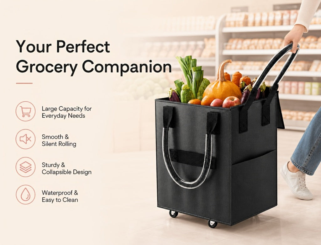 Rolling Grocery Bag with Wheels 60L Extra Large | 16 Gallon Heavy Duty Foldable Shopping Cart Waterproof | Multi-Function Travel Tote Utility Bag in Black Rose Gold