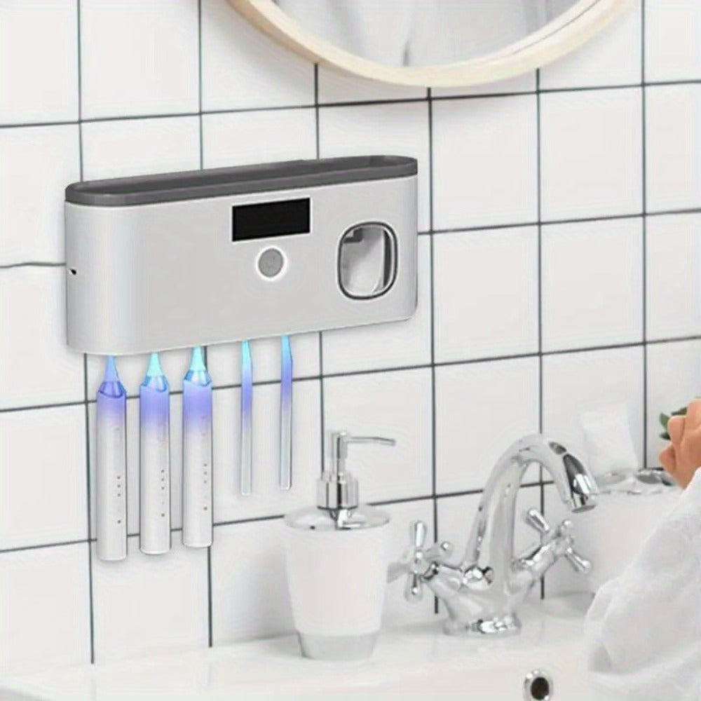 Toothbrush Holder Wall Mount with Toothpaste Dispenser Solar Rechargeable Cordless Space Saving Bathroom Organizer Toothbrush Storage for Bathroom Counter Vanity