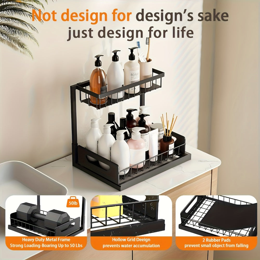 2-Tier Pull-Out Cabinet Organizer Metal Sliding Drawer, Kitchen Sink Storage Container for Bathroom Tabletop Study, Push-Pull Stackable Organizer for Kitchen Bathroom Cabinet