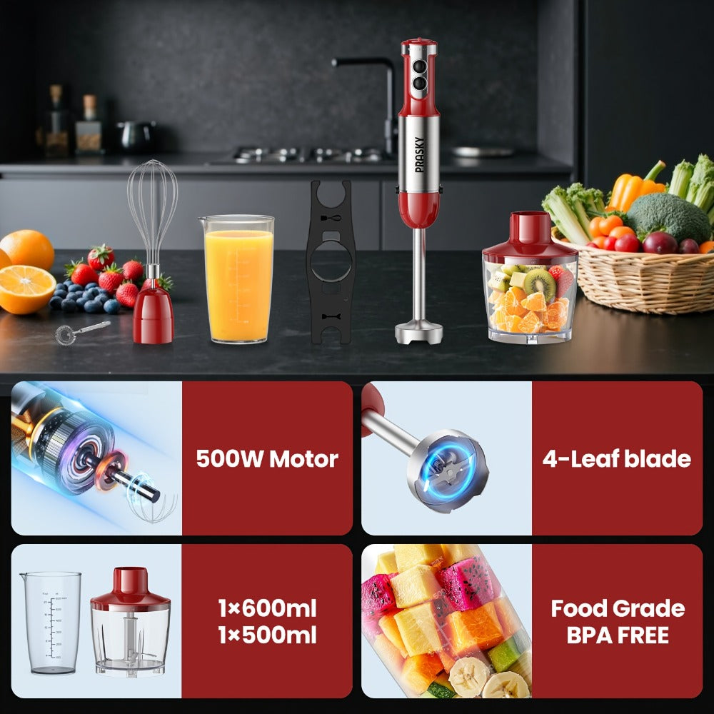 Immersion Blender 5-in-1 Handheld Mixer | Heavy Duty Motor | Whisk Meat Chopper Measuring Cup Attachments | Stick Blender for Soups Smoothies Sauces | Kitchen Hand Blender Red Black