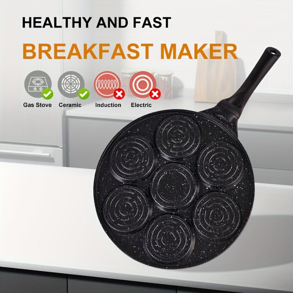 7-Hole Non-Stick Pancake Pan Smiley Face ¨C Aluminum Alloy Breakfast Maker with Detachable Handle for Gas Stove | Oven & Dishwasher Safe Crepe Waffle Egg Mold Cooking Pan Even Heat Distribution Black