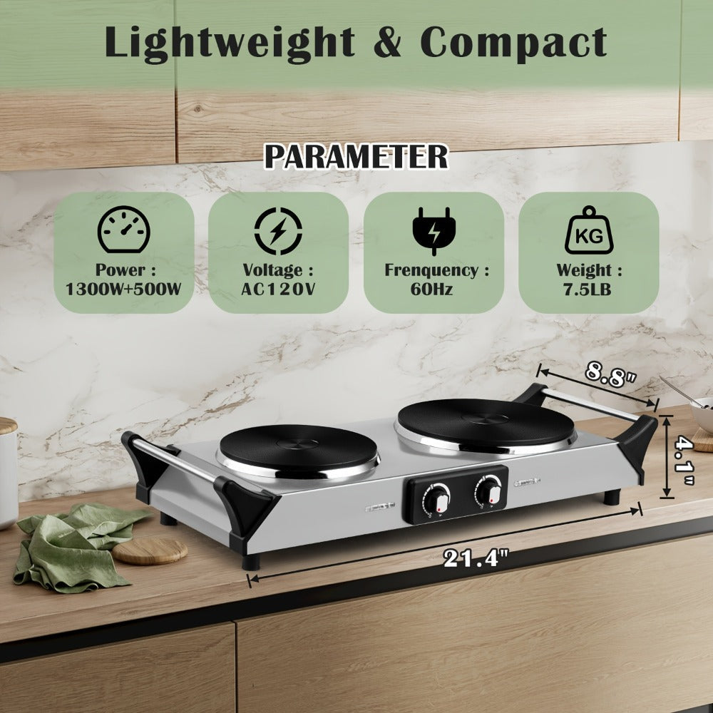 Hot Plate Electric Burner with Temperature Control ¨C Dual Size Coil Burners 7.4in & 6.1in, Countertop Electric Stove for Daily Cooking, Dorm, Office & Travel, Multiple Colors Available