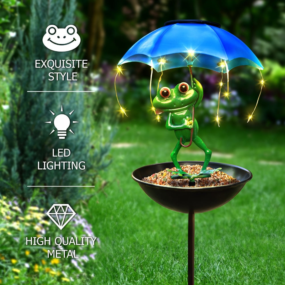 Solar Garden Decor Frog with Umbrella LED Light ¨C Iron Frog Outdoor Statue with Solar Powered LED | Bird Feeder Garden Ornament for Patio, Lawn, Pathway & Deck | Unique Valentine Gift Yard Decoration
