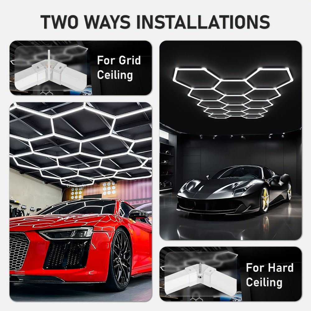 LED Hexagonal Garage Light 6500K ¨C Super Bright Daylight White Shop Light 42W¨C620W for Auto Detailing, Warehouse, Workshop, Basement & Gym (1 to 32 Grids, Hex Frame Available)
