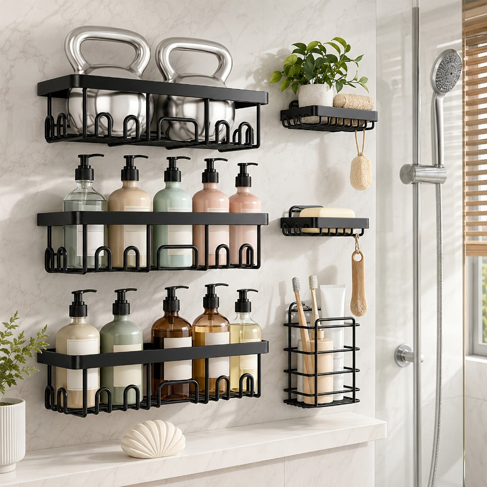 Shower Caddy Organizer Set 6 Piece No Drilling - Adhesive Wall Mounted Bathroom Storage Rack 13 Inch Toilet Paper Holder Soap Dish Toothbrush Holder Shower Shelf | Black | Kitchen Bathroom Organization