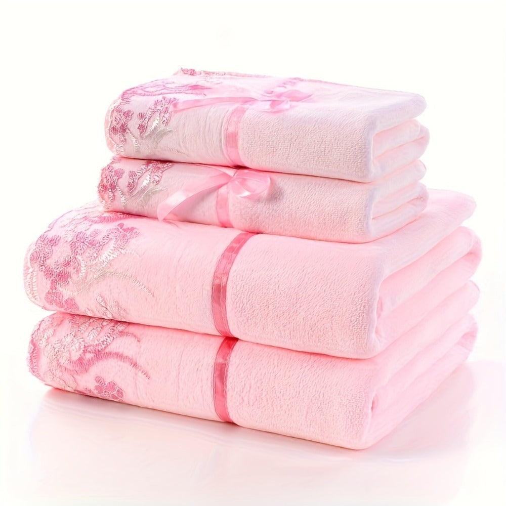 Lace Embroidery Towel Set 4-Piece 350GSM Soft Absorbent Bath and Hand Towels for Bathroom Elegant Decorative Towel Set