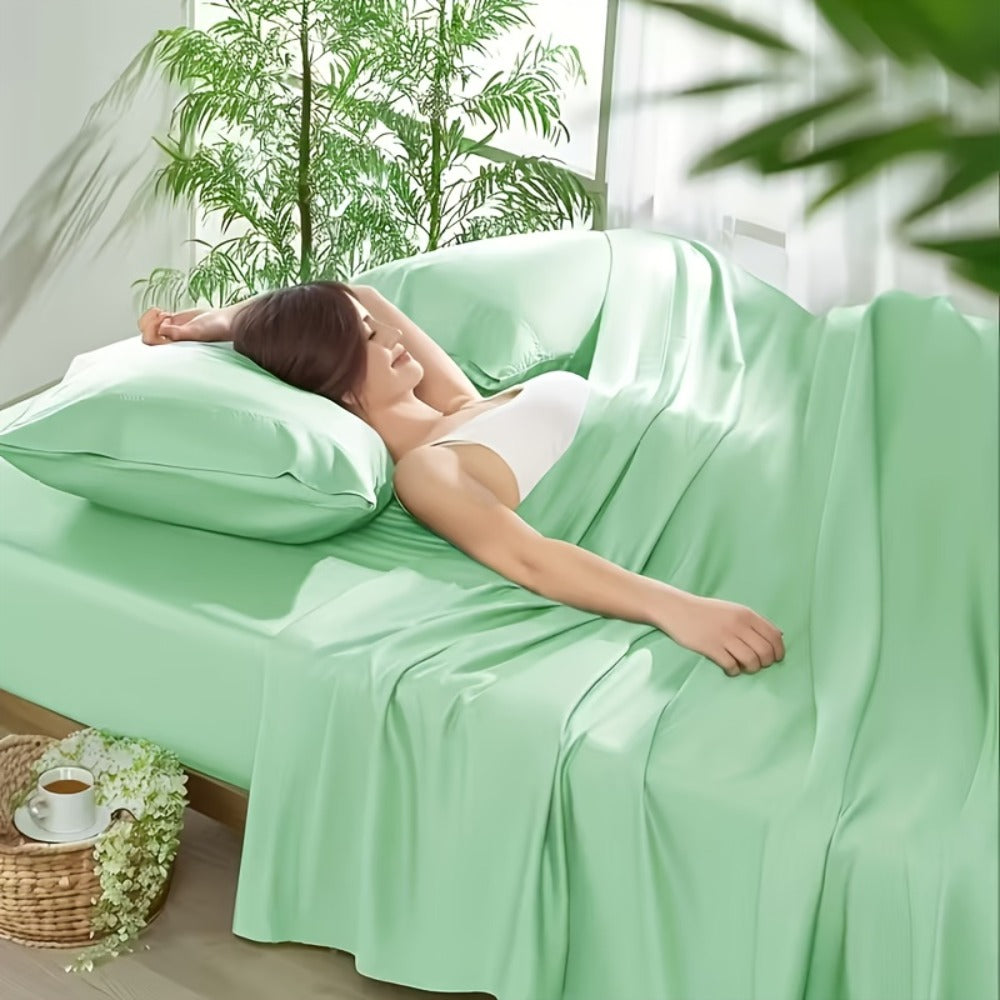 Bamboo Cooling Bed Sheet Set 4pcs - Ultra Soft Breathable Deep Pocket Fitted Sheets, 2200TC Cooling Fabric, Shrink & Wrinkle Resistant, All-Season Bedding