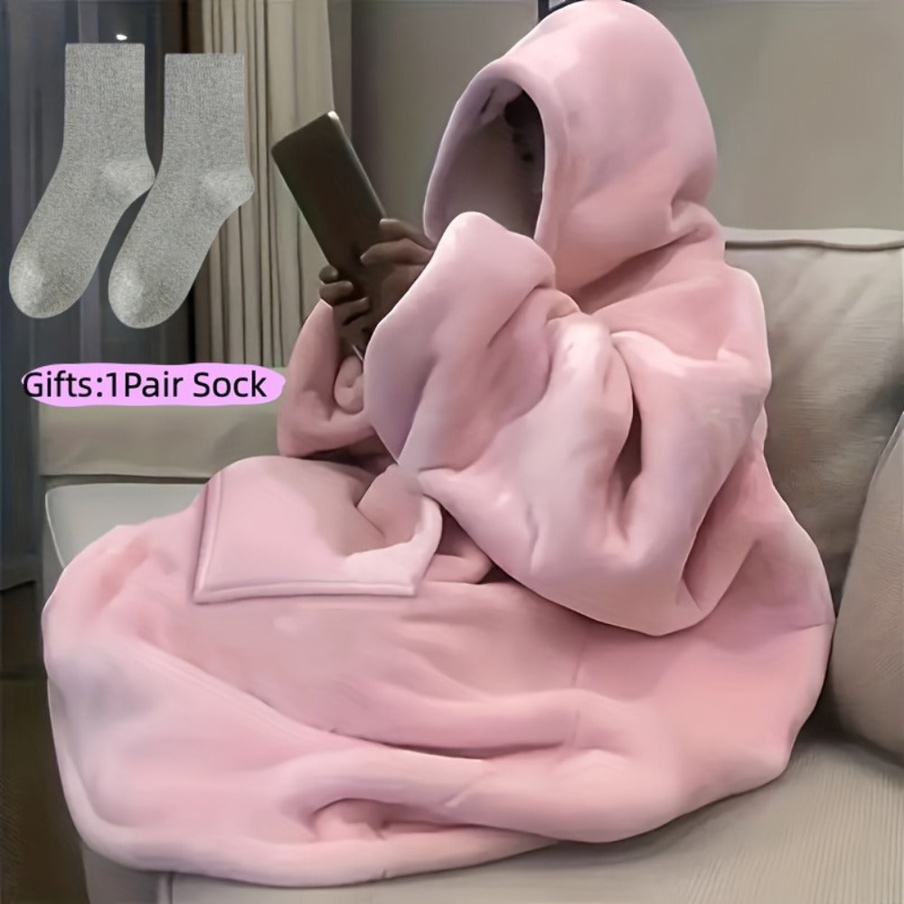 Wearable Hooded Blanket ¨C Reversible Oversized Sherpa Throw with Kangaroo Pocket & Socks, Machine Washable, Christmas Gift, 4 Styles
