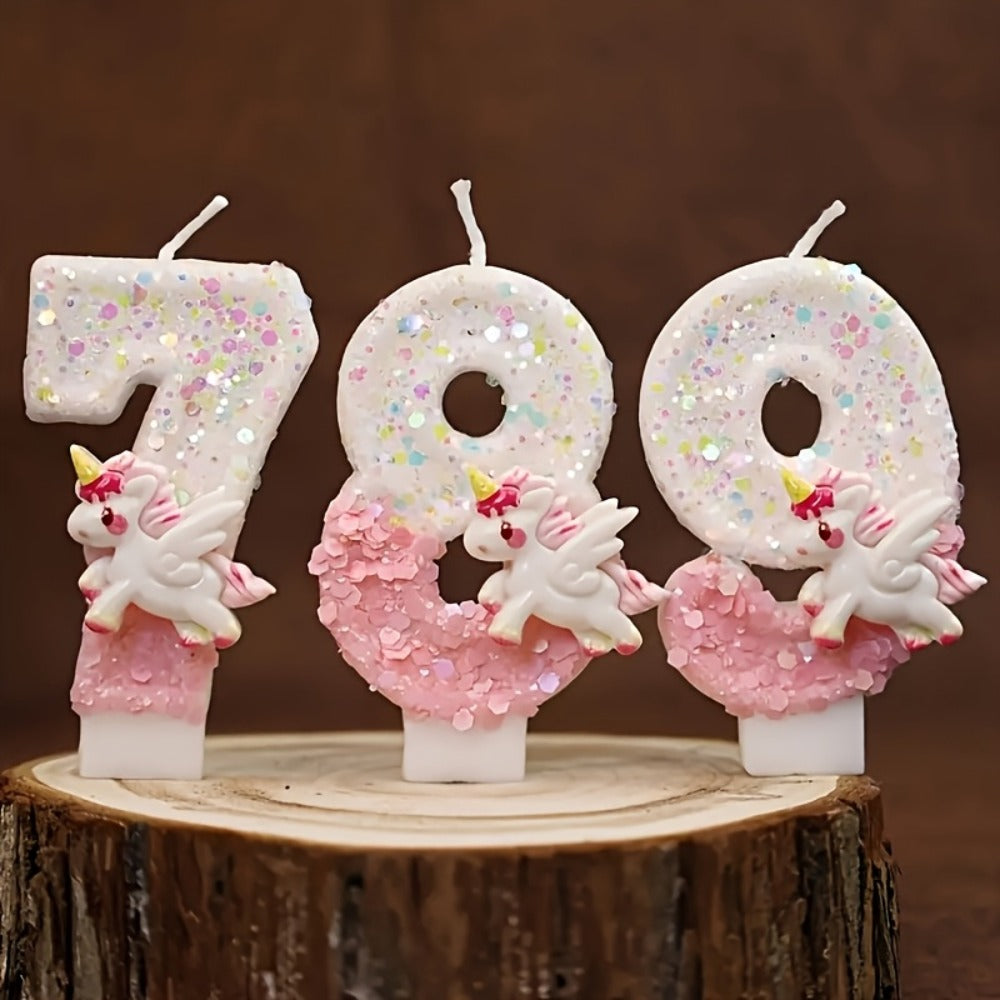Unicorn Number Cake Topper 0-9 Birthday Party Decoration Glitter Figure Candle Topper for Birthday Anniversary Wedding Christmas Halloween Table Decor