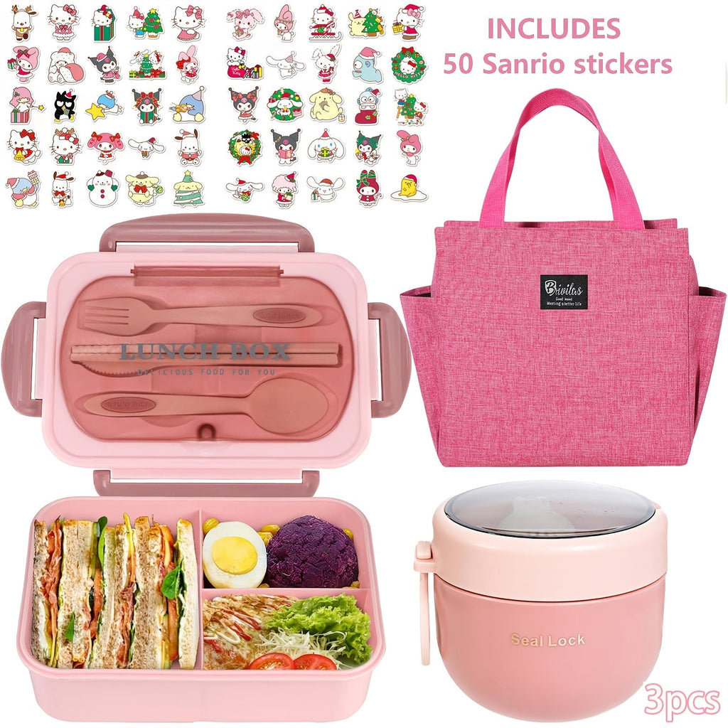Sanrio Lunch Box Set 53pcs Bento Box with Thermal Bag Breakfast Cup Portable Sealed Compartment Microwave Dishwasher Safe for Work Picnic School