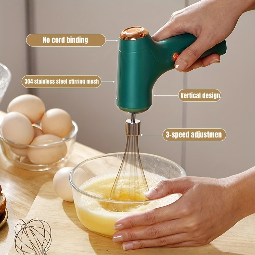 Electric Hand Mixer Cordless USB Rechargeable | 304 Stainless Steel Whisk 3-Speed Settings | Portable Handheld Mixer with 2 Detachable Whisks for Kitchen Baking Cake Cream
